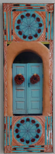 Canyon Road Turquoise Gate with Two Round Ristras and Two Mandalas. 8 x 24 x1.5