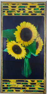 Three Sunflowers in a Green Vase, Black background, 8 x16 x 1.5