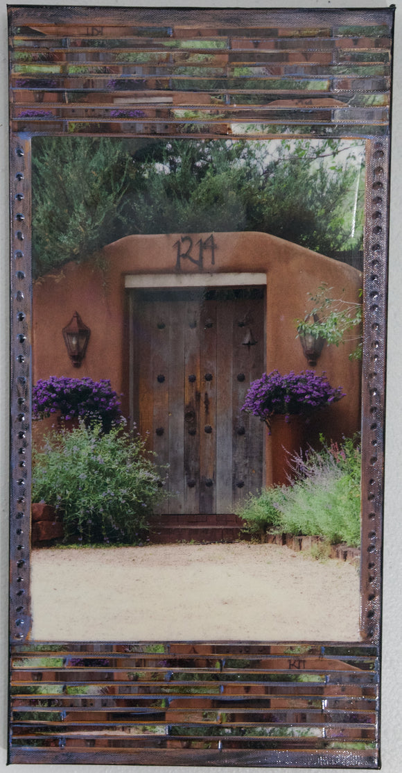 Cerro Gordo Gate with Purple Flower baskets ( Portrait). 12 x 24 x 1.5