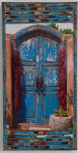 Old Pecos Trail Blue Gate with Ristras. 8x16x1.5