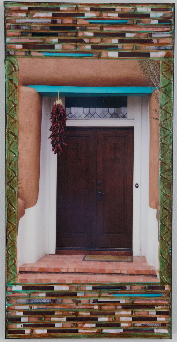 Dark Brown Door with Turquoise header and Ristra, 12 x 24 x 1.5