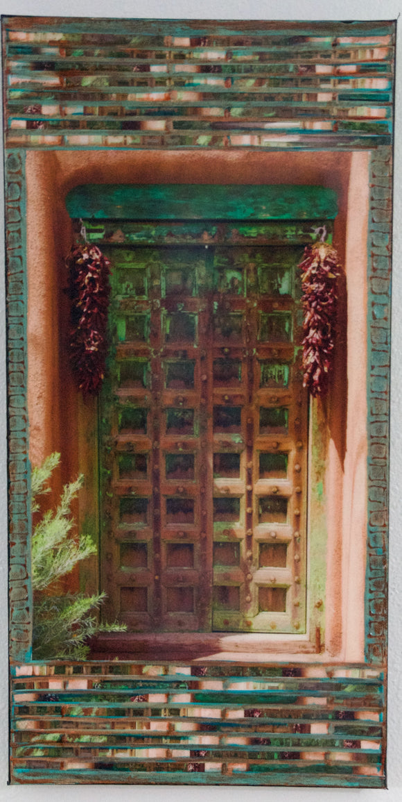 Palace Ave Teal Gate with Two Ristras, 12 x24 x 1.5