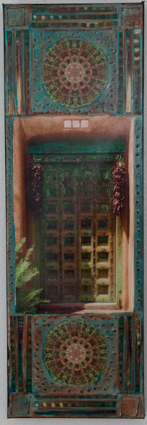 Palace Ave Teal Gate with Two Ristras and Two Mandalas, 8 x 24 x1..5