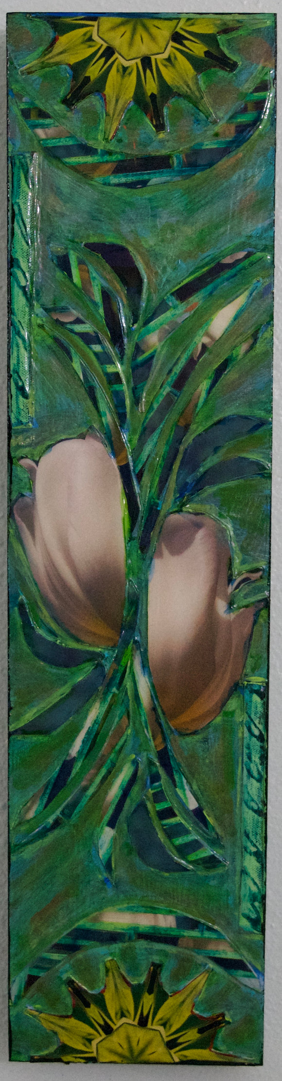 Re-Pieced White Tulip Abstract on Birch Board, 6x24x1.5
