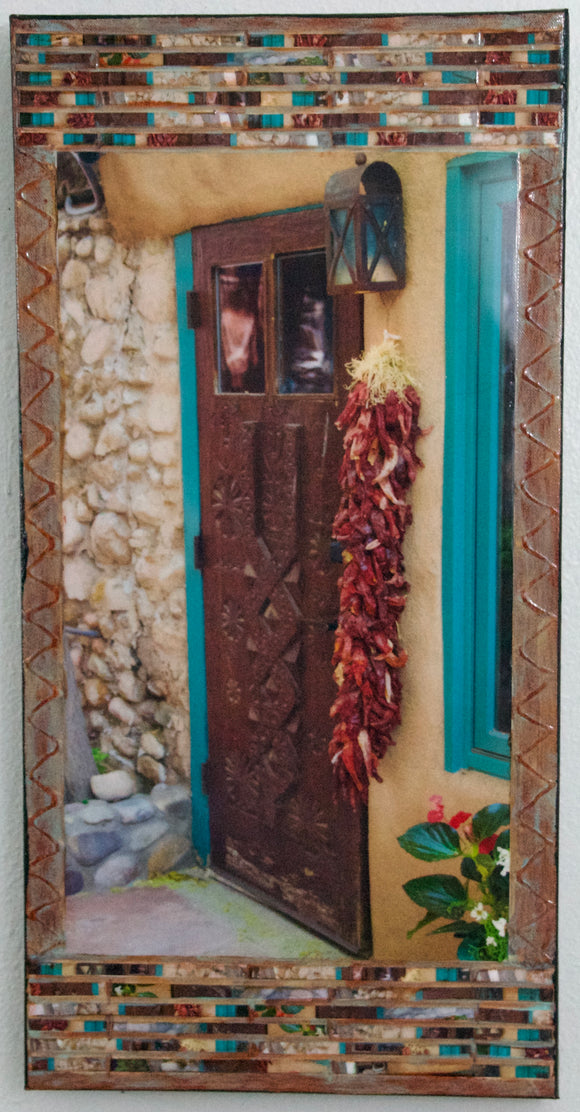 Five Graces Carved Brown Door with Ristra and Flowers, 12 x 24 x 1.5