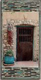 Five Graces Brown Door with Turquoise Trim and Turquoise Planter. 12x24
