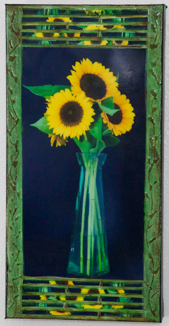Yellow and Brown Sunfloweres, sea Green Vase with black background.8 x 16 x1.5