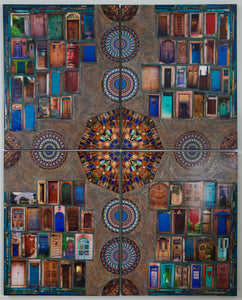 Re-Pieced, Santa Fe Thresholds with Mandalas, 48 " x 60" x 1.5, nested Birch panels
